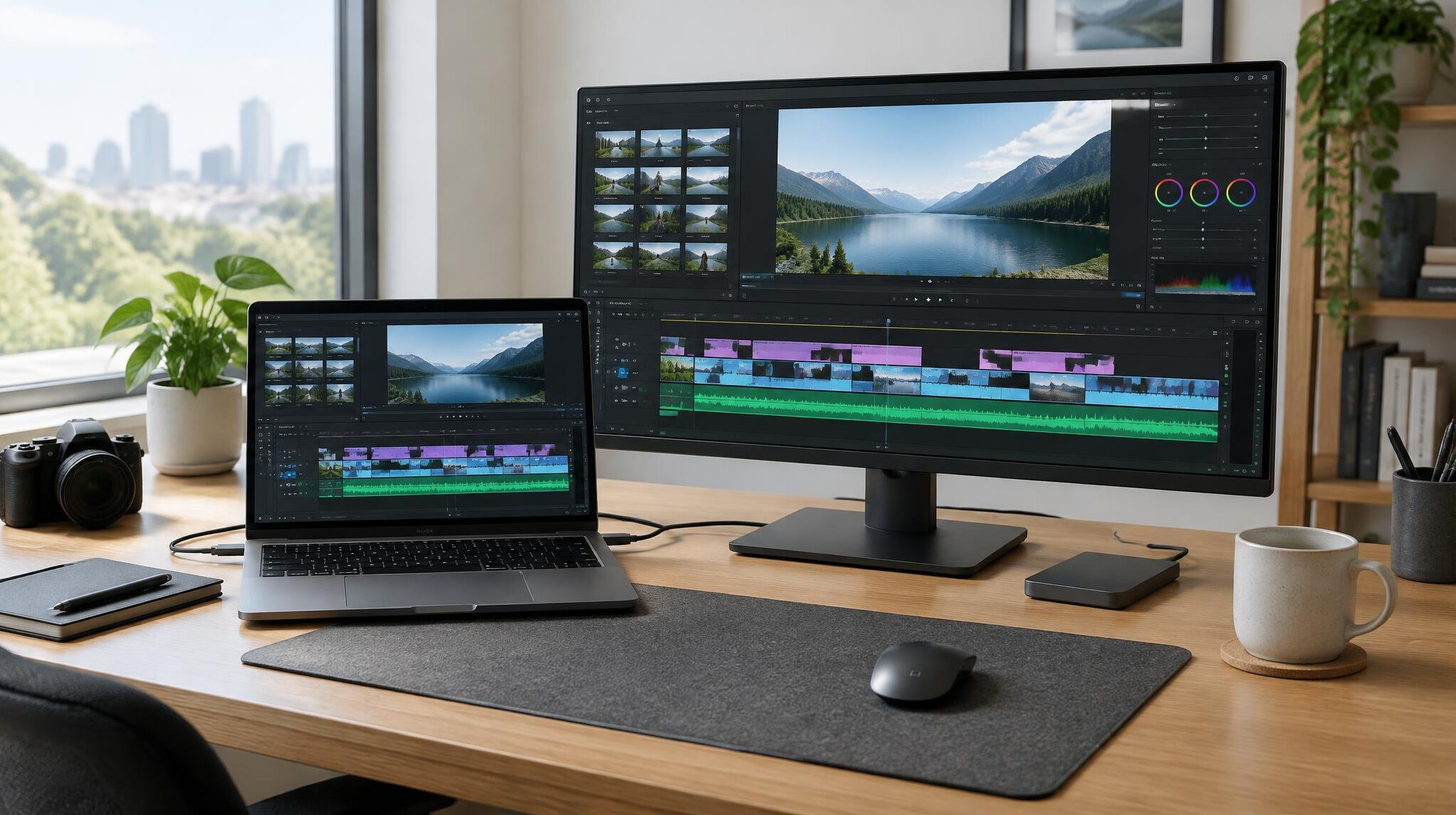Laptop and monitor on a desk used for video editing and publishing