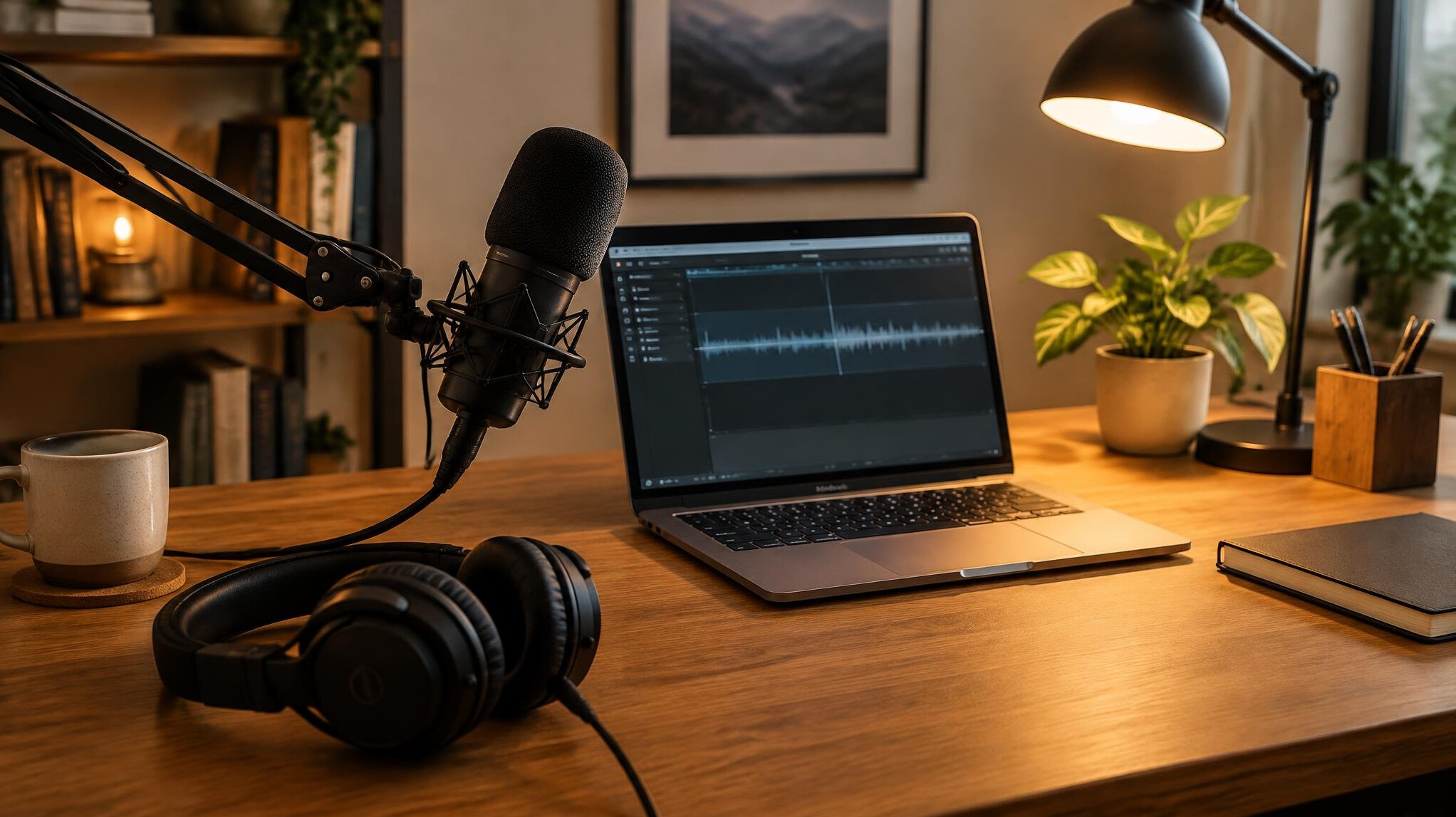 Recording setup with microphone and headphones on a desk