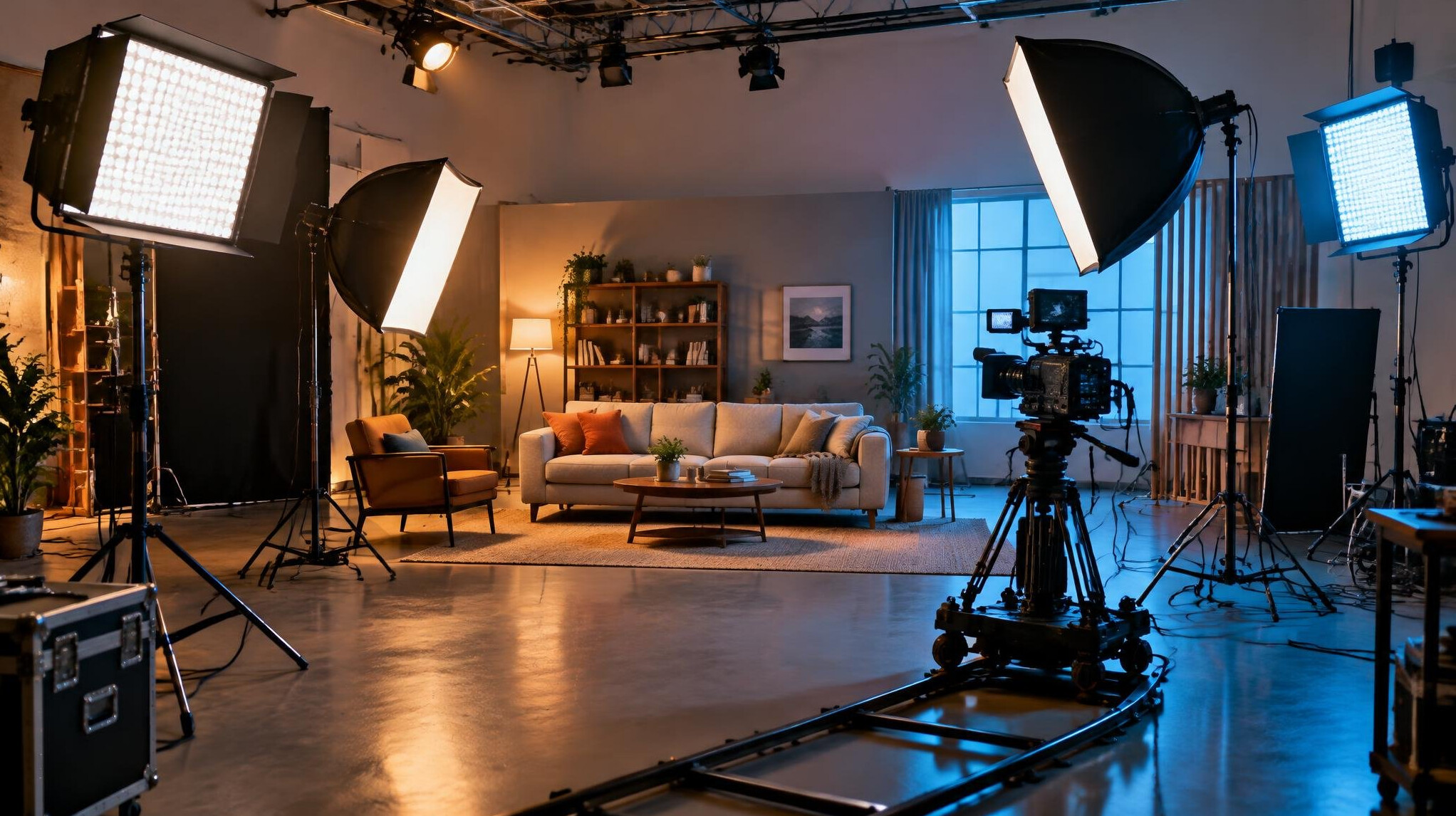 Film set with professional lighting equipment on stands