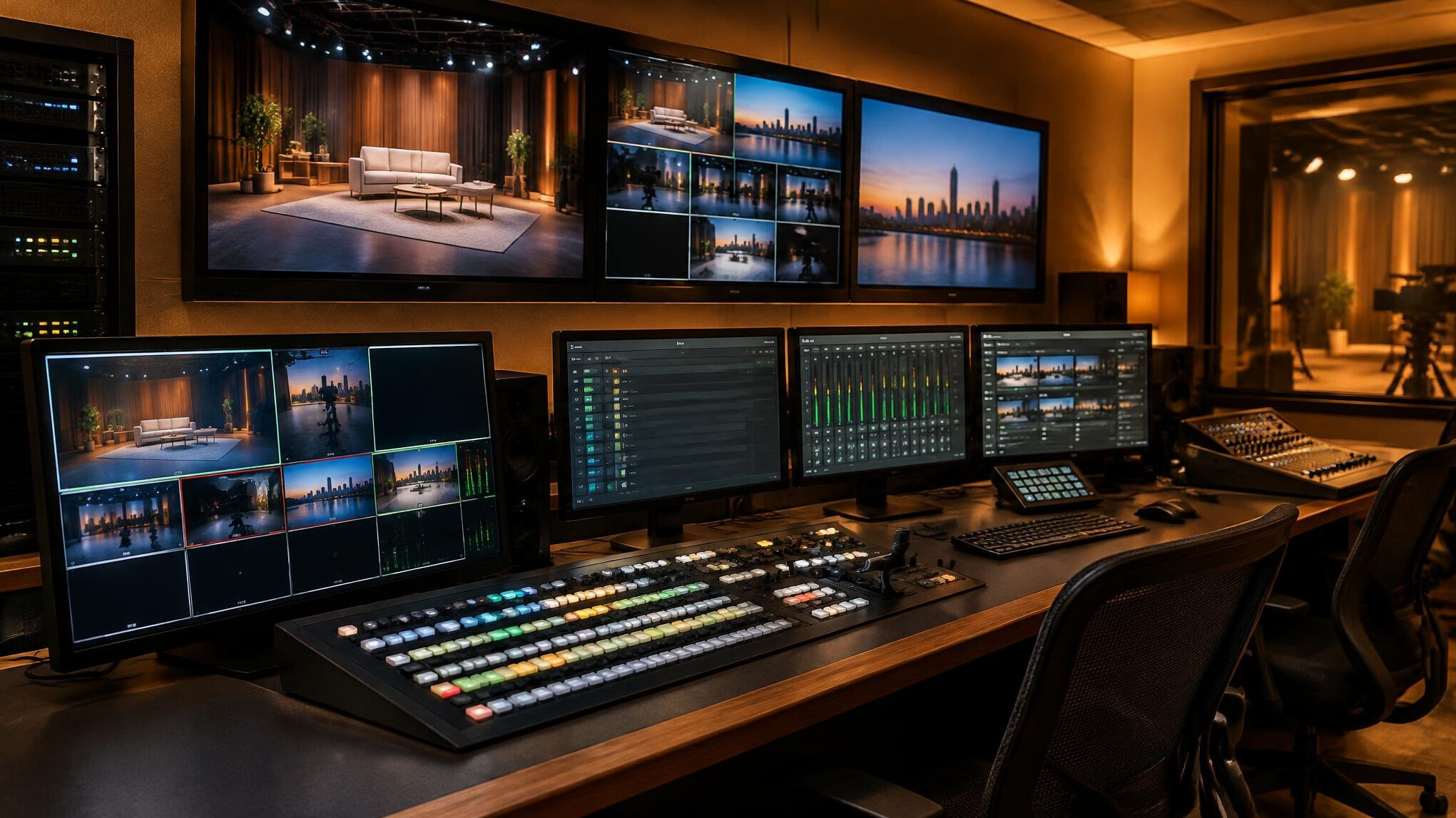 Video production control desk with monitors and mixing equipment