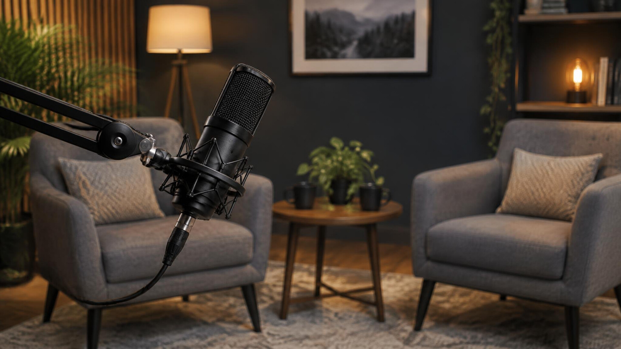 Professional microphone set up for an interview in a studio