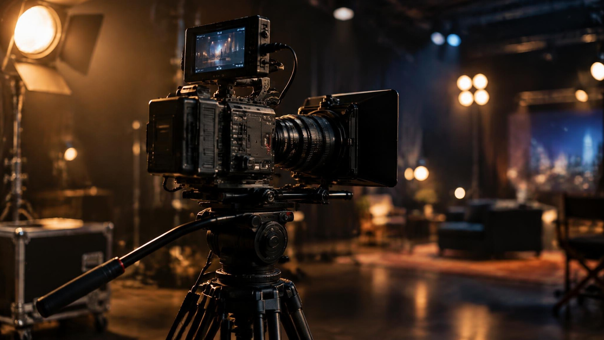 Professional video camera on a tripod in a dimly lit entertainment studio
